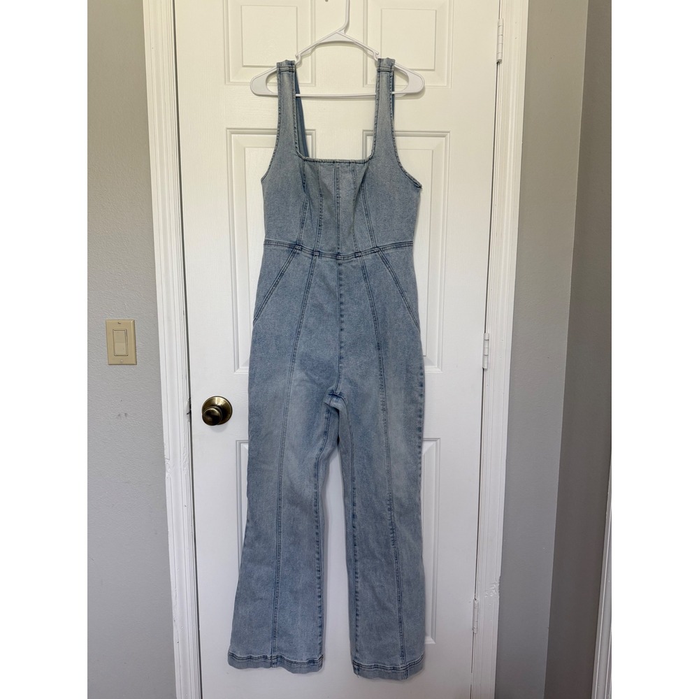 Forever 21+ Light Wash Denim Wide Leg Jumpsuit Corset Bodice 0X Plus Size - Picture 2 of 9
